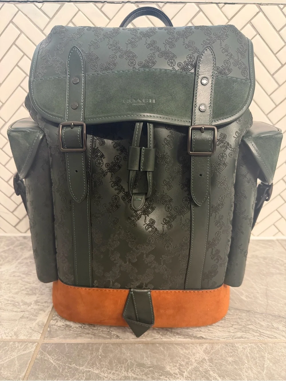 Coach Forest Green Signature Stagecoach Leather Backpack with Brown Suede Base